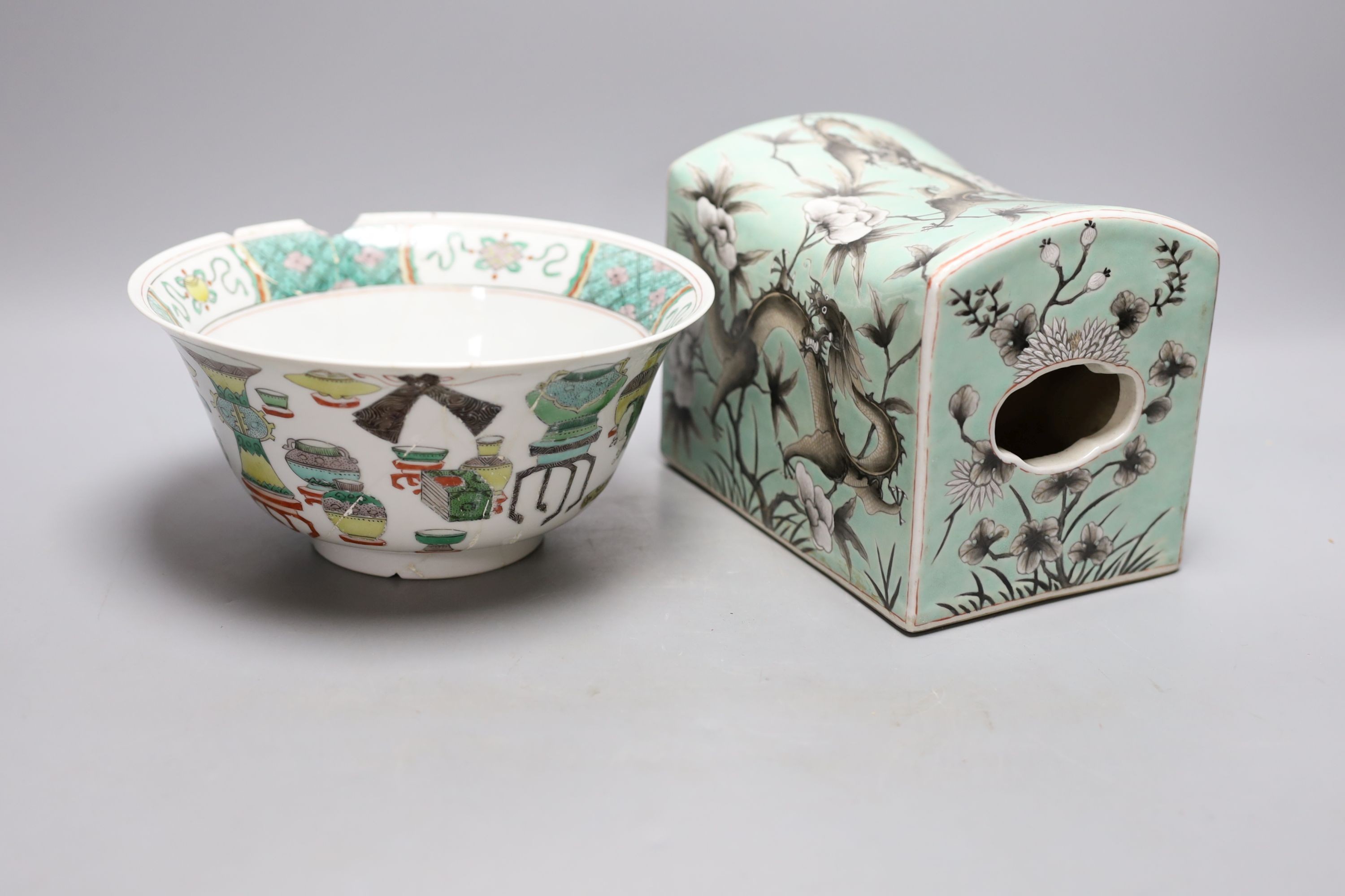 A Kangxi famille verte bowl, 20cm (a.f.) and a Chinese Dowager Empress-pattern pillow with dragons